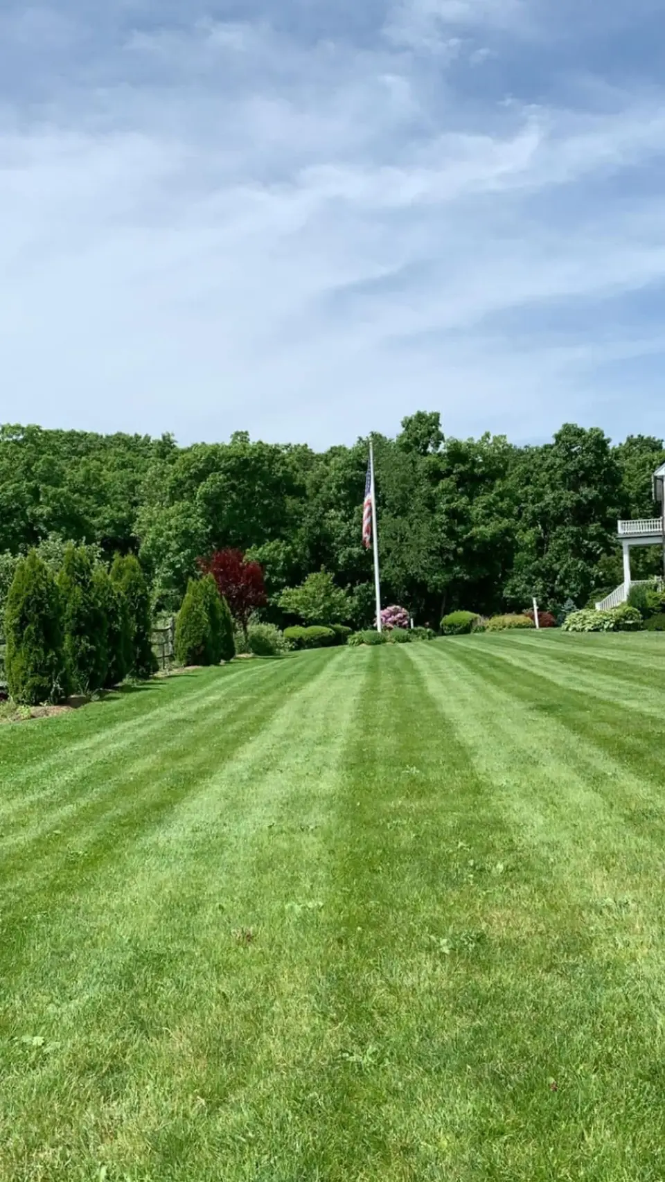 Striped lawn leading to a flagpole and tree line